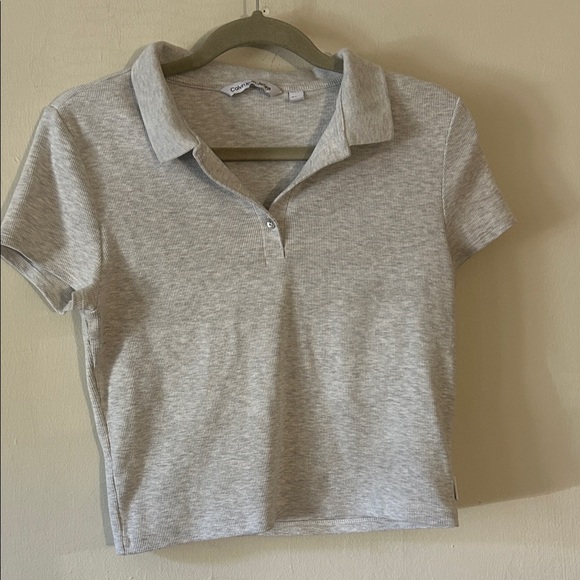 Calvin Klein Jeans Light Gray Ribbed Collared Polo Button Down Crop Top - Picture 1 of 4